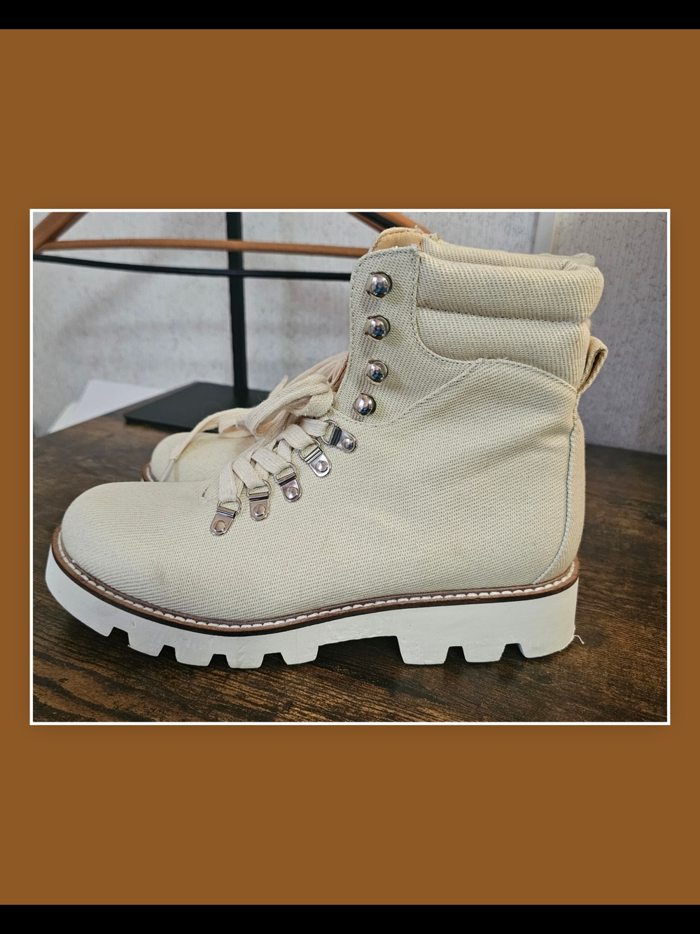 Womens Beige Canvas Lace-Up Hiking Boot